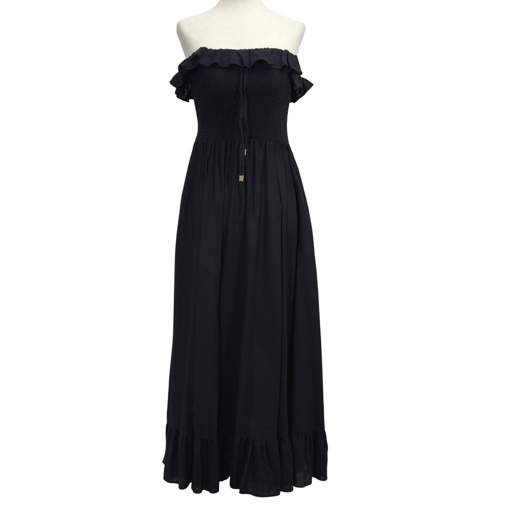 NWT Free People Boho Linen Smocked Strapless Midi Dress SM Blk Hamptons Vacation
